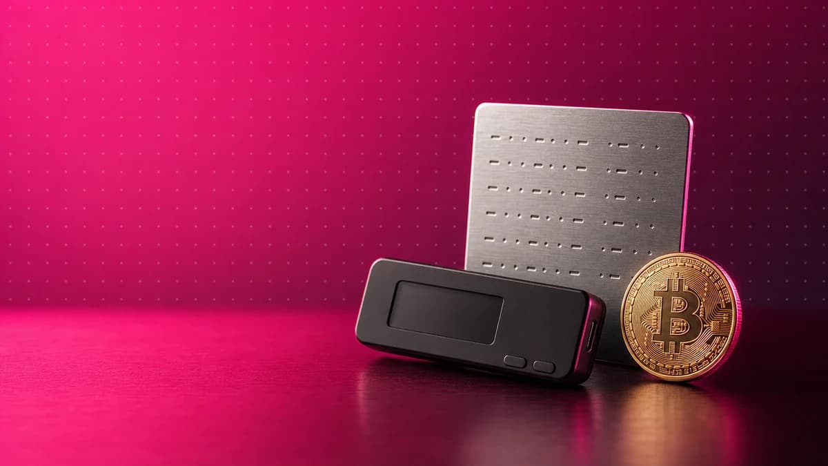 An unbranded hardware wallet, a steel backup plate and a gold Bitcoin coin on a pink background