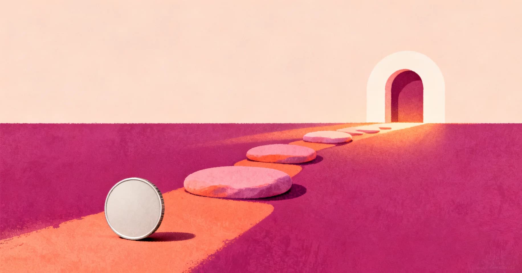 A single blank coin at the start of a warm winding path of stepping stones — the beginning of a simple crypto journey