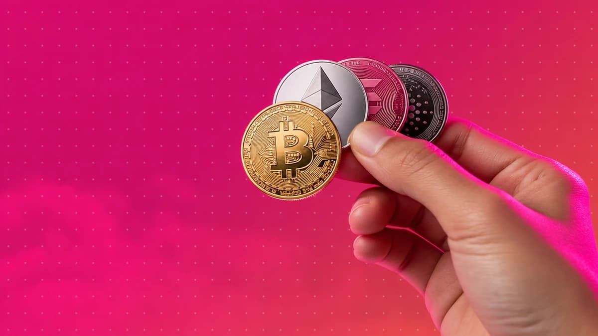 A hand holding a fan of physical crypto coins — gold Bitcoin, silver Ethereum and others, in YimmiT pink light