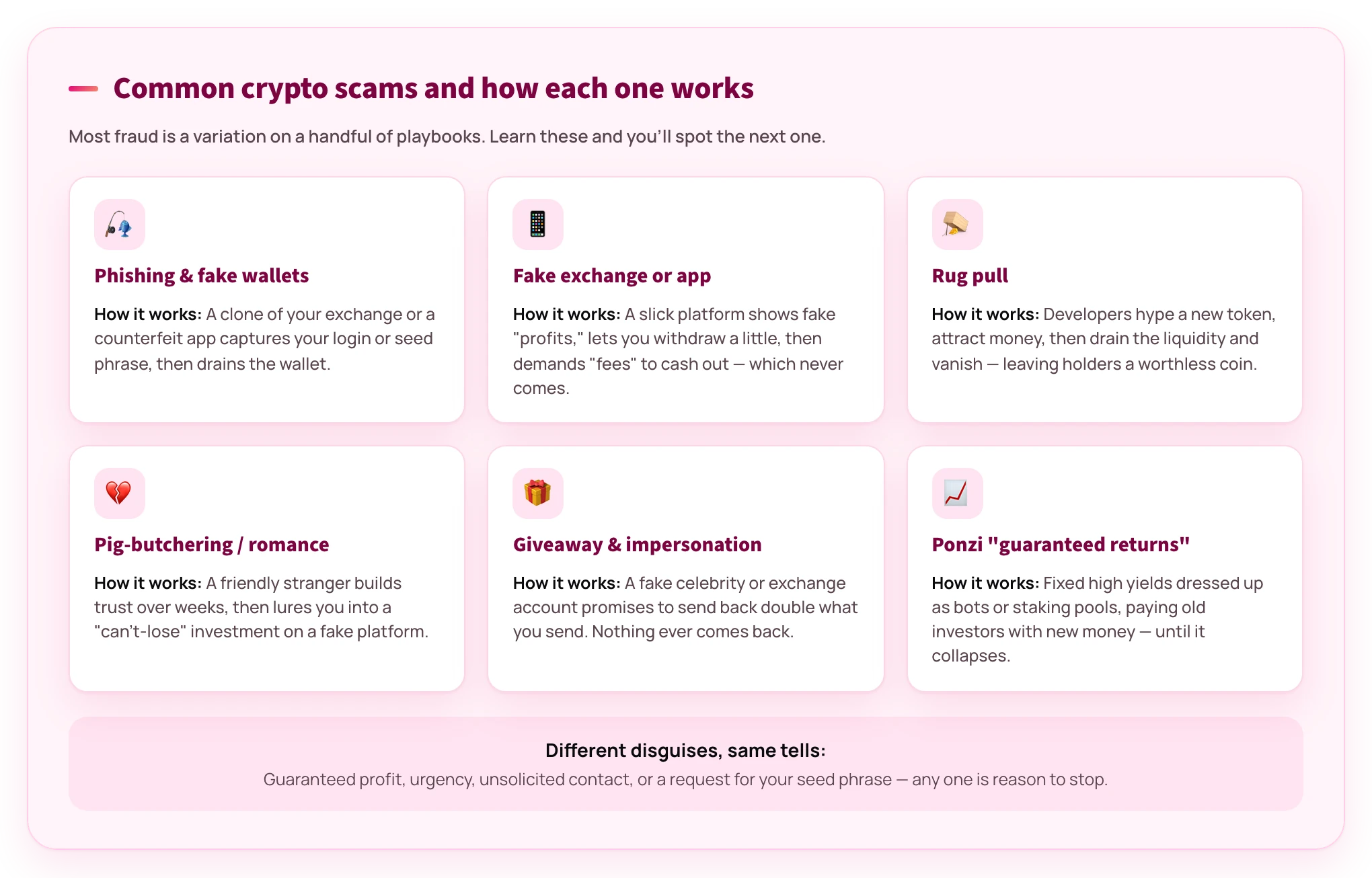 Diagram of common crypto scams: phishing, fake exchanges, rug pulls, pig-butchering, giveaways and Ponzi schemes